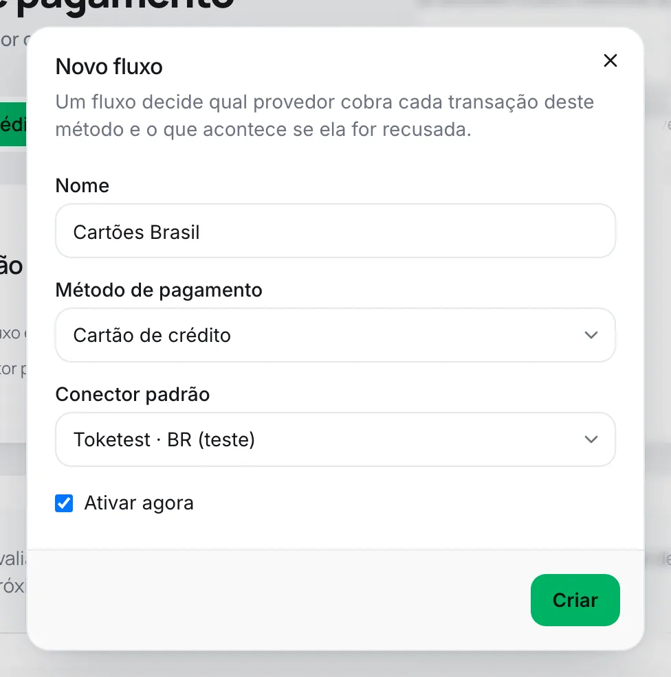 Janela Novo fluxo com nome, método de pagamento, conector padrão e a opção Ativar agora