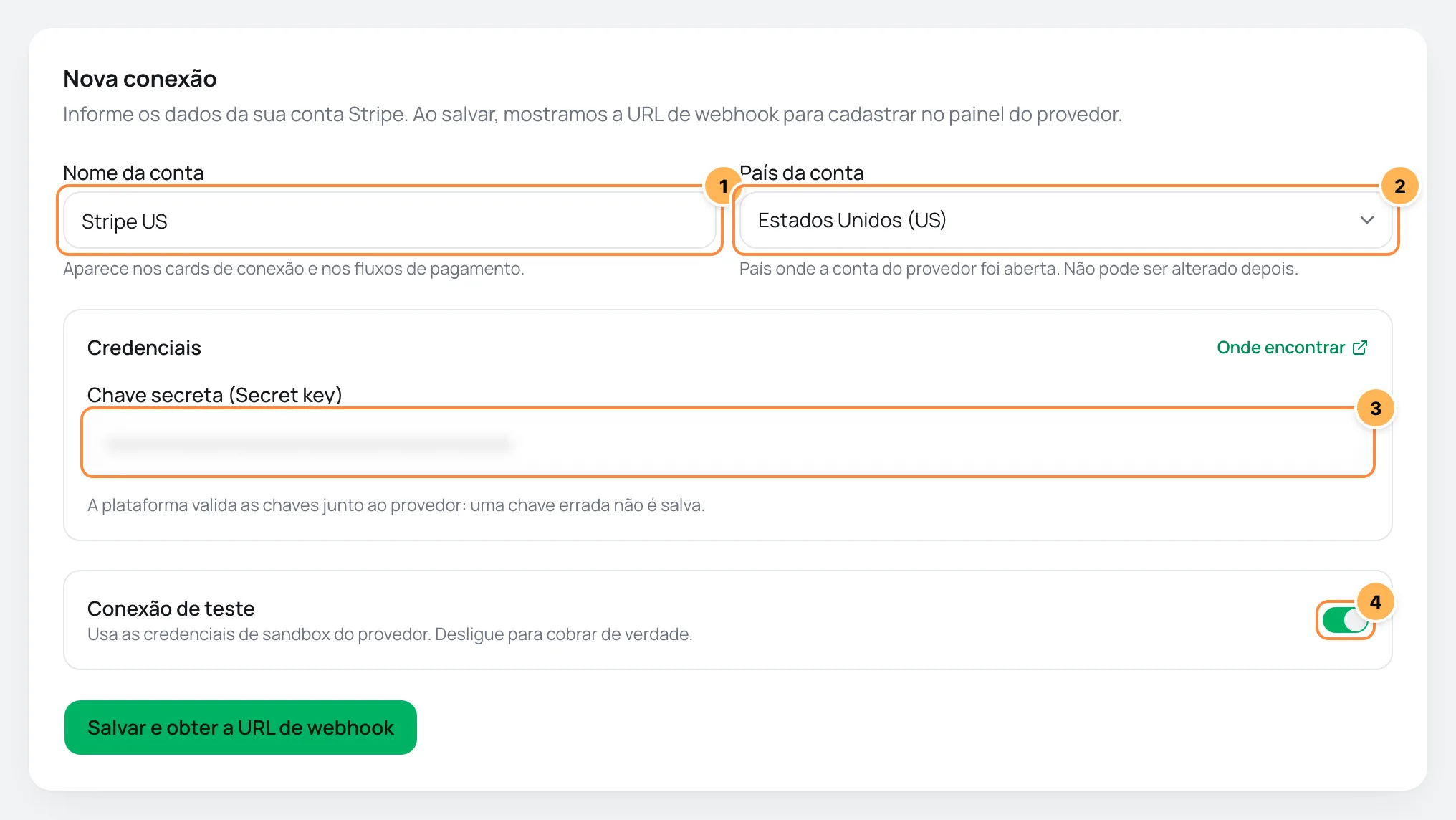 Formulário de nova conexão Stripe no Vipter, com os campos numerados