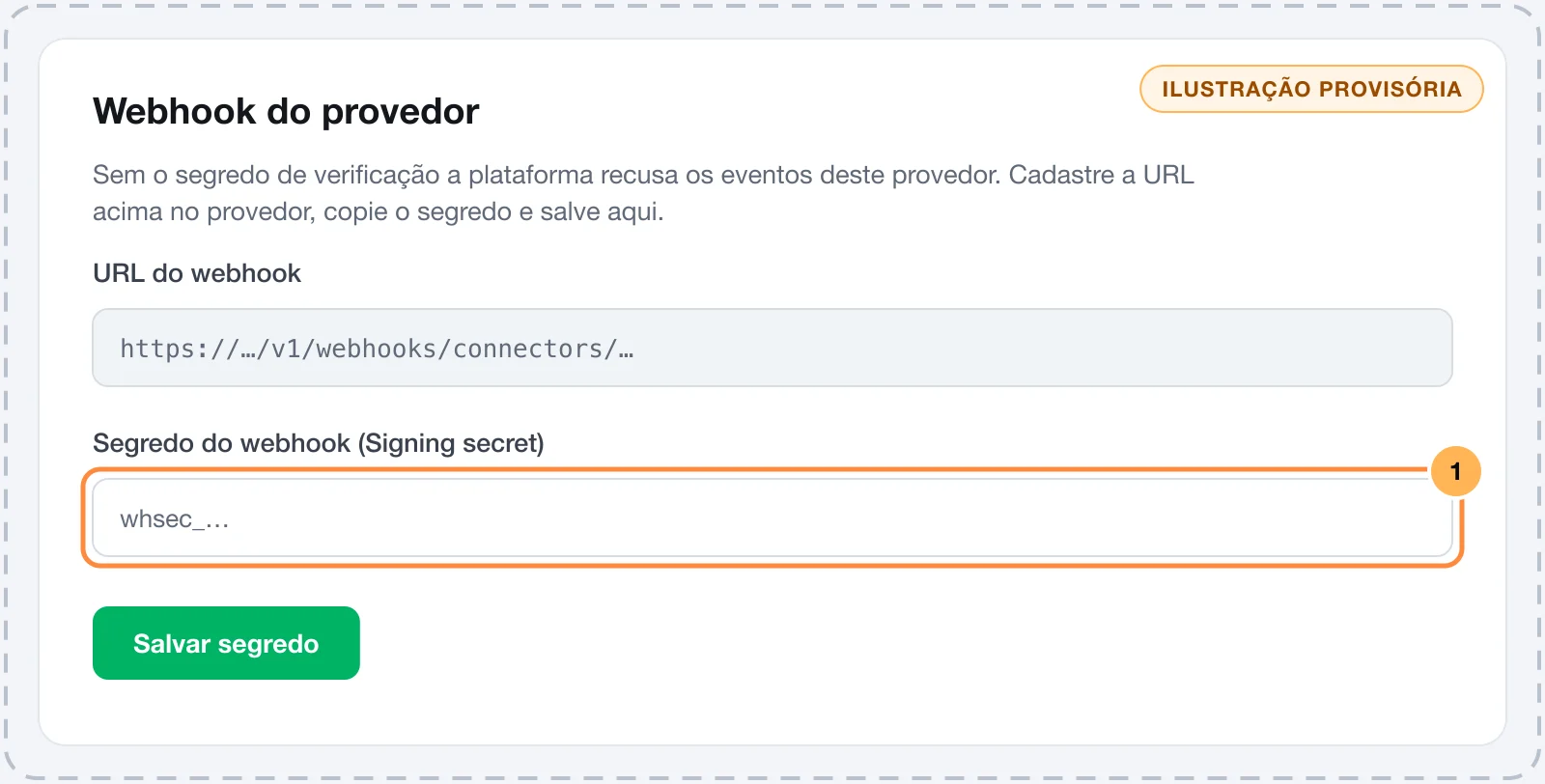 Card da conexão Stripe no Vipter com a URL do webhook e o campo do segredo