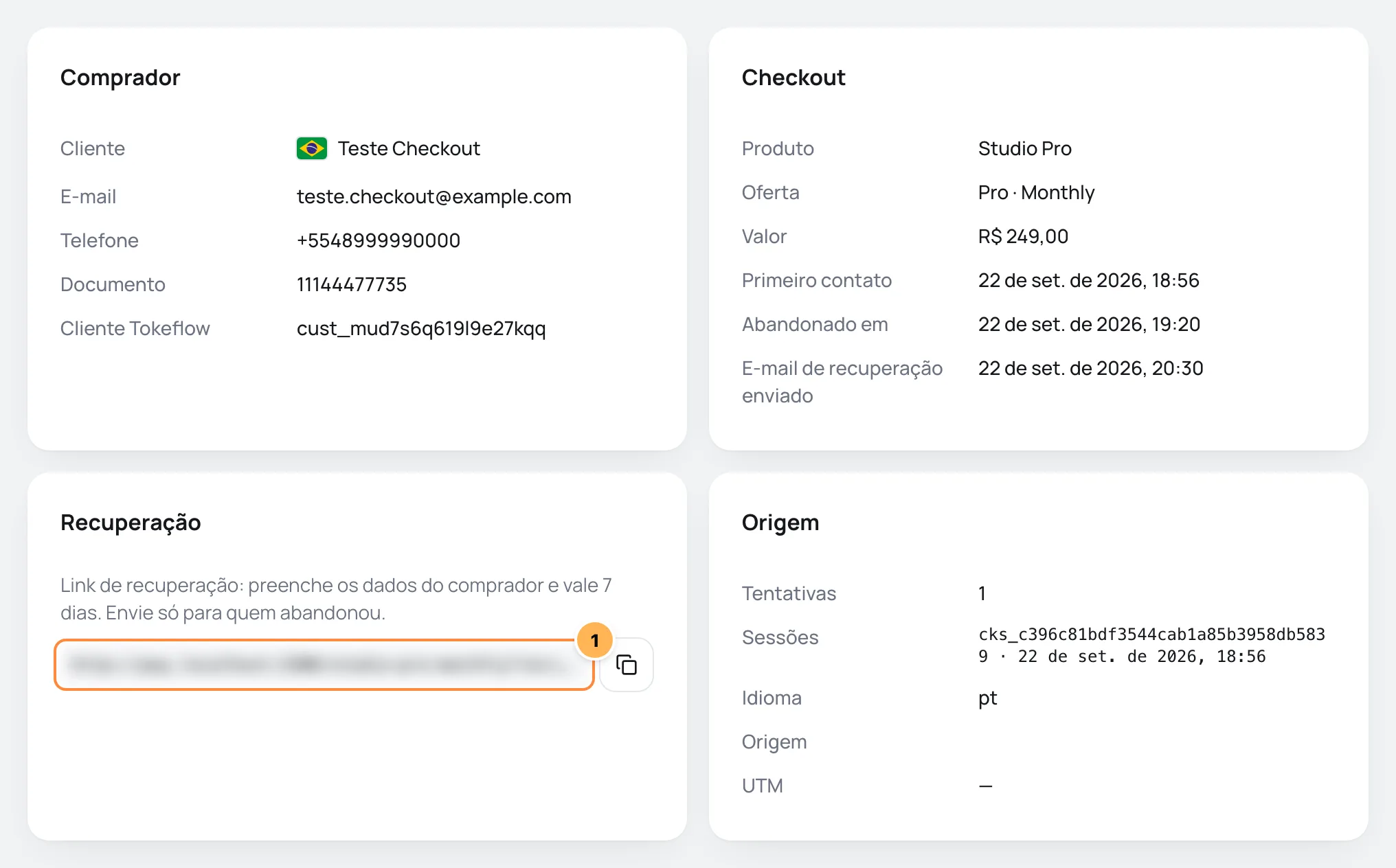 Detalhe de um checkout abandonado com os cards Comprador, Checkout, Recuperação e Origem