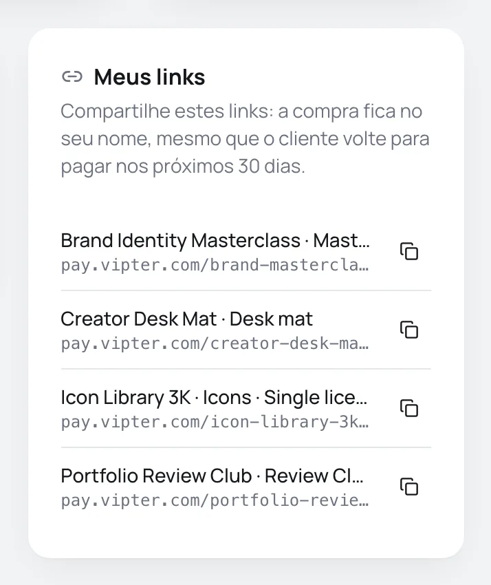 Card Meus links com um link de pagamento por oferta e o botão de copiar
