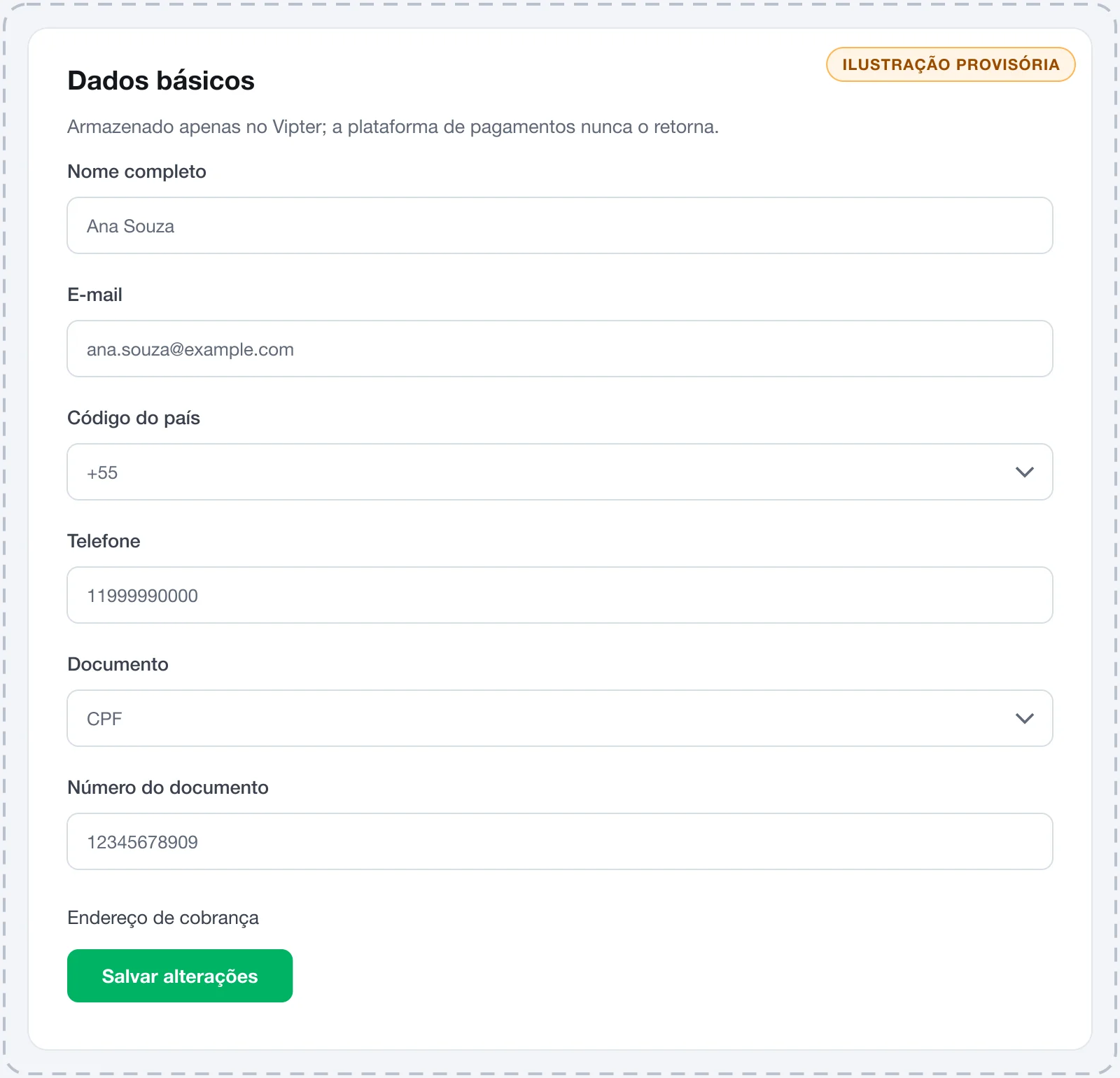 Aba Editar de um cliente com os cards Dados básicos e Endereço de cobrança