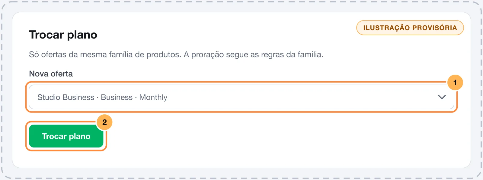 Diálogo Trocar plano com a lista Nova oferta e o botão de confirmar