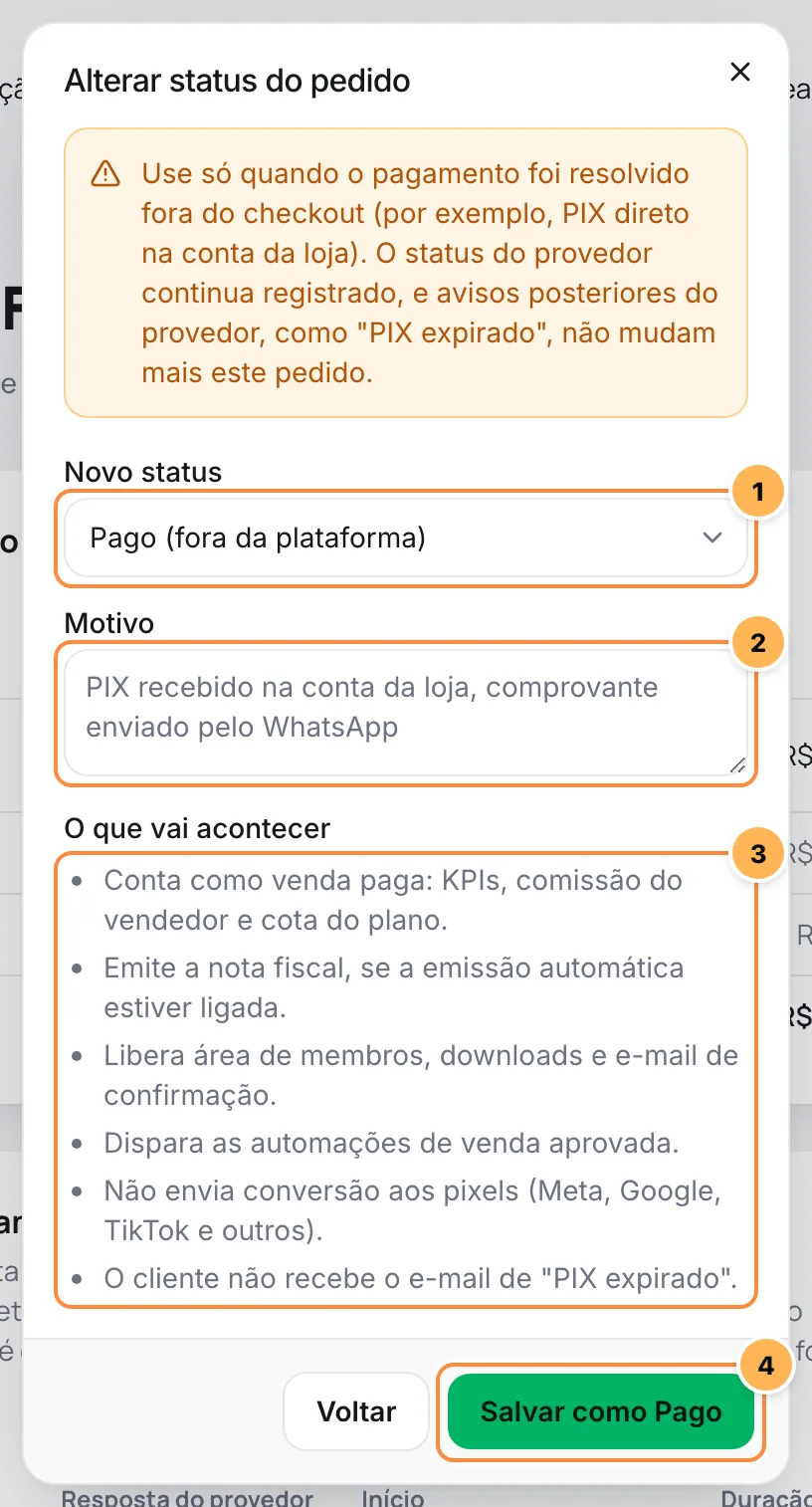 Janela Alterar status do pedido com o novo status, o motivo, a lista do que vai acontecer e o botão de salvar numerados