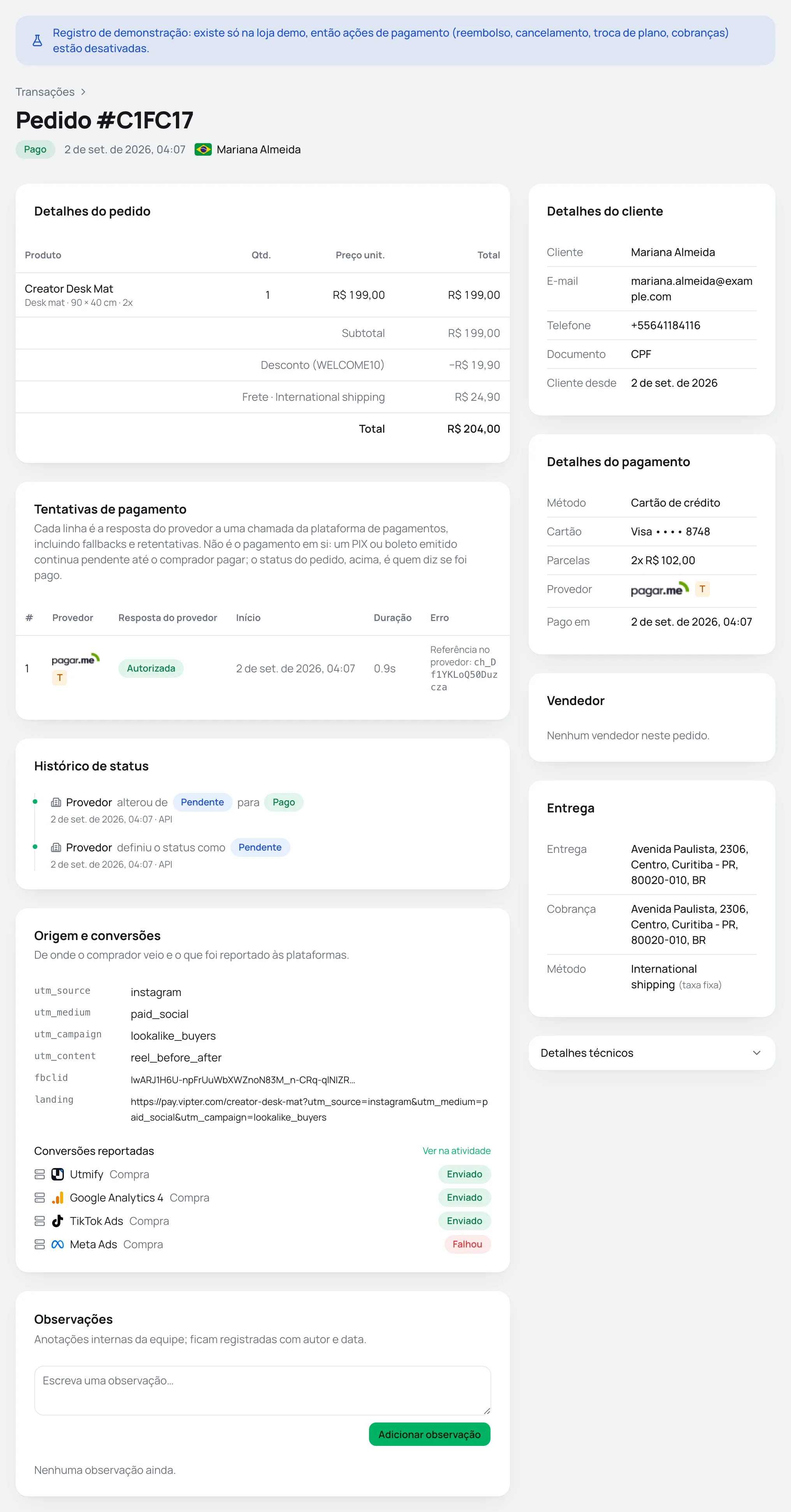 Página de um pedido pago, com os cards de itens, tentativas, histórico, origem e observações à esquerda e cliente, pagamento, vendedor e entrega à direita