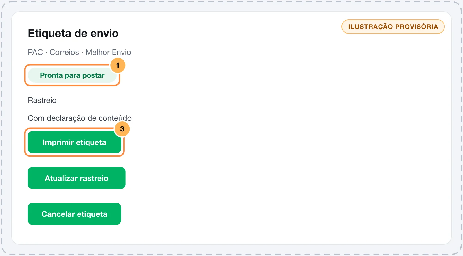 Card Etiqueta de envio do pedido com o status Pronta para postar, o código de rastreio e os botões Imprimir etiqueta, Atualizar rastreio e Cancelar etiqueta