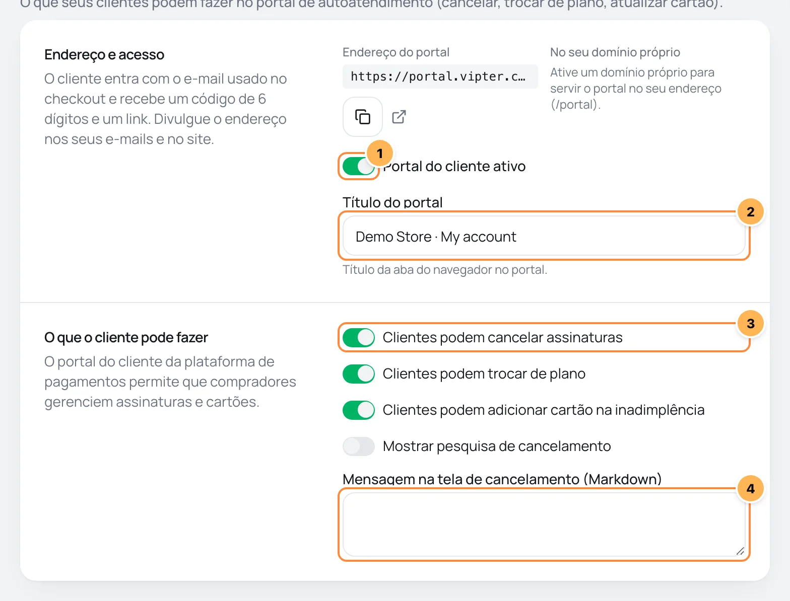 Configurações do portal do cliente com a chave do portal, o título, as permissões e a mensagem de cancelamento numerados