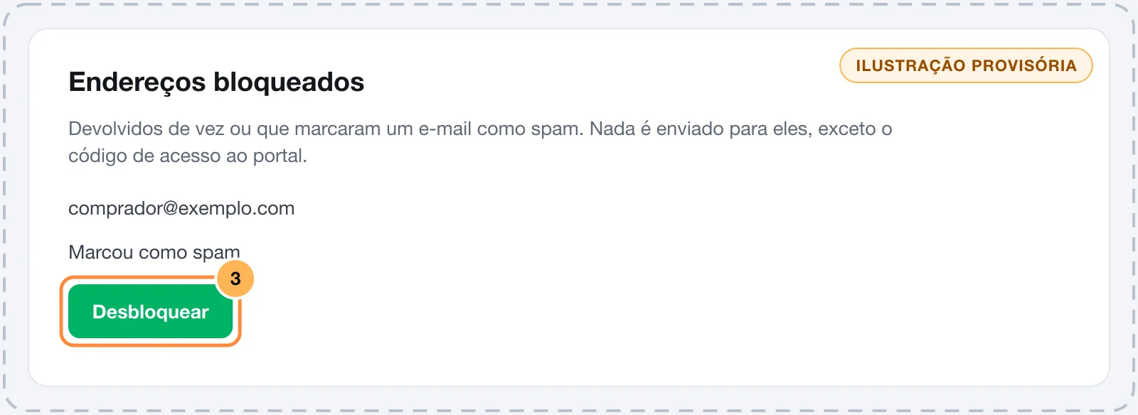 Card Endereços bloqueados com um endereço devolvido e o botão Desbloquear