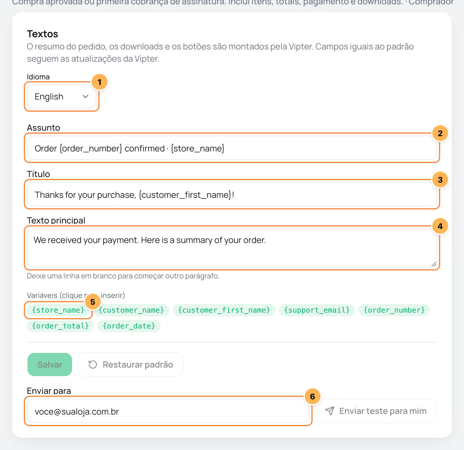 Editor de e-mail com idioma, assunto, título, texto principal, variáveis e o envio de teste numerados