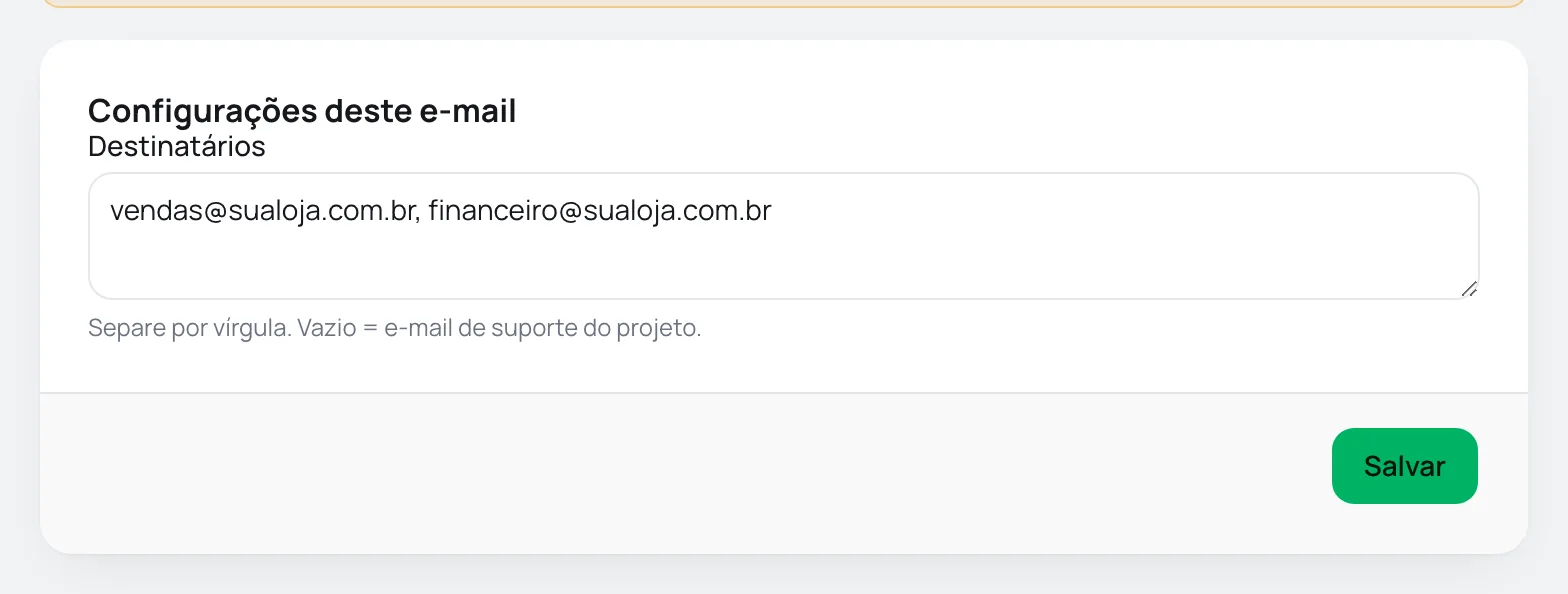 Card Configurações deste e-mail do aviso de nova venda com dois destinatários