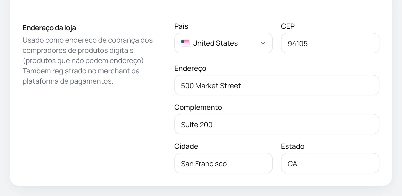 Card Endereço da loja com país, CEP, endereço, complemento, cidade e estado