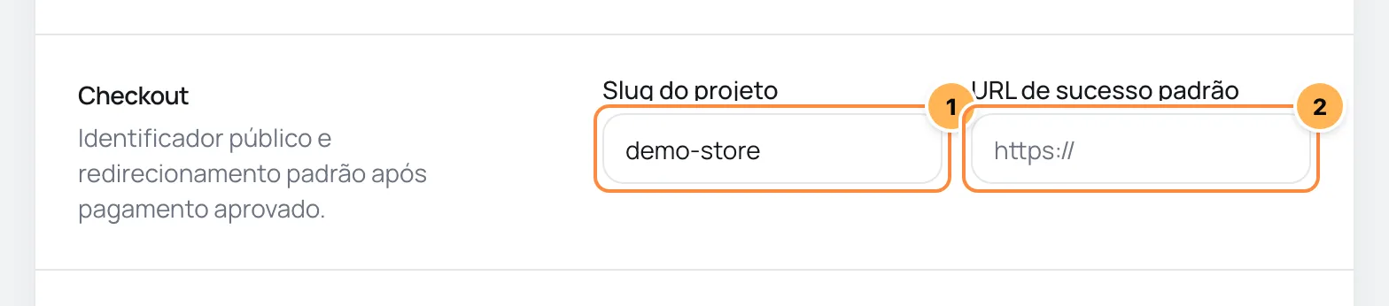 Card Checkout com o slug do projeto e a URL de sucesso padrão numerados