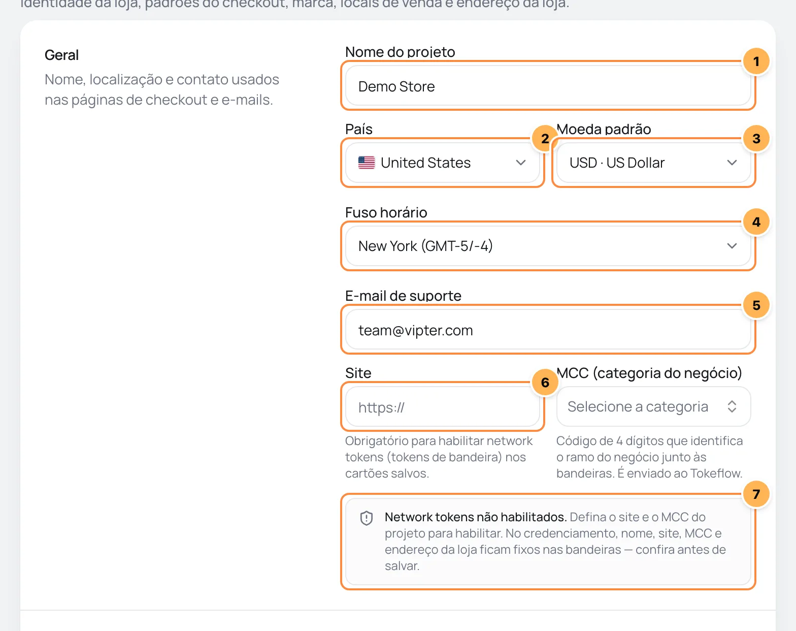 Card Geral das configurações do projeto com nome, país, moeda, fuso, e-mail de suporte, site e o aviso de network tokens numerados
