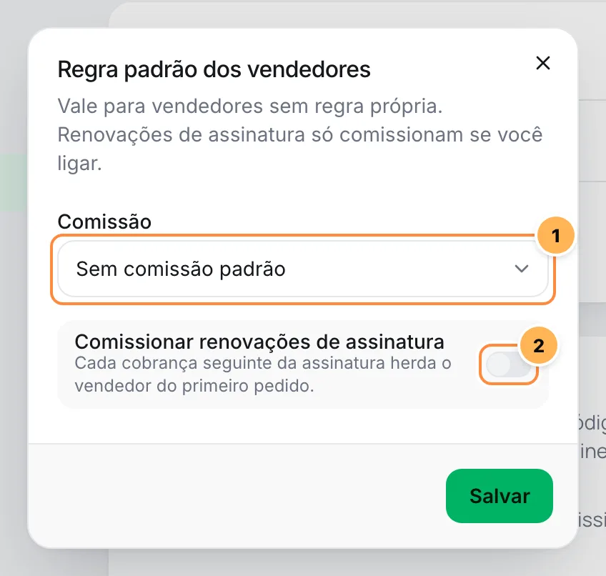 Janela Regra padrão dos vendedores com o tipo de comissão e a opção de comissionar renovações numerados