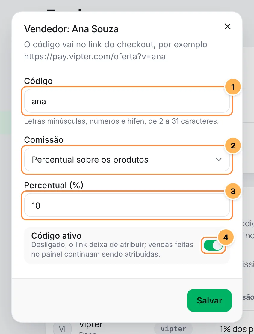 Janela do vendedor com código, tipo de comissão, percentual e código ativo numerados