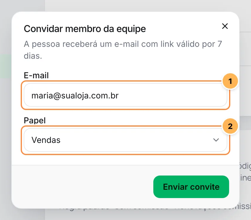 Janela Convidar membro da equipe com o e-mail e o papel numerados