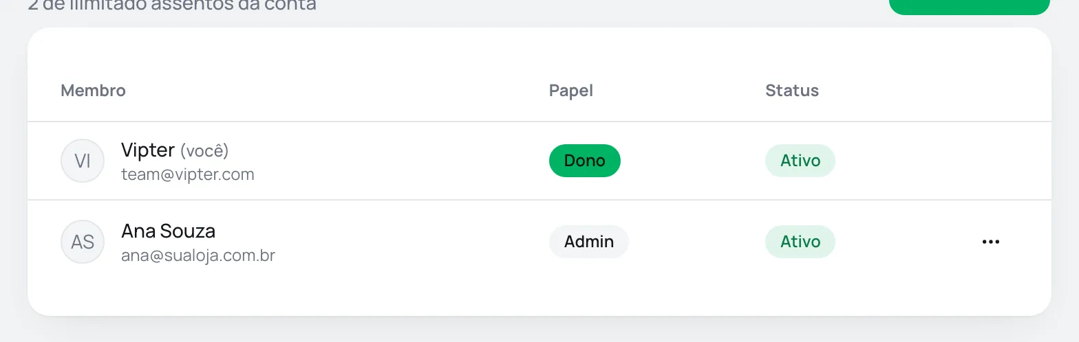 Tabela da equipe com o dono e uma admin, cada um com papel e status